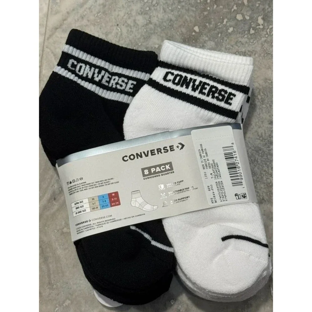 Unisex- Converse Kids 8-Pack Cushioned Quarter Socks - Black & White